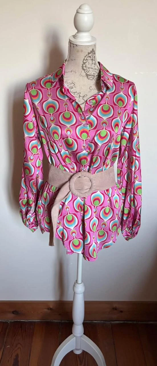 👚 Long satin pink & mint green 70ties blouse with buttons Made in Italy - 44 – photo 5
